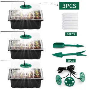 3-Pack Upgraded Seed Starter Trays with Full Spectrum Grow Light, 12-Cell Adjustable Humidity Seed Starting Kit, Portable Indoor Greenhouse with 10 Plant Labels for Flowers, Fruits, Propagation Gardening Supplies Planting Containers Growing Led