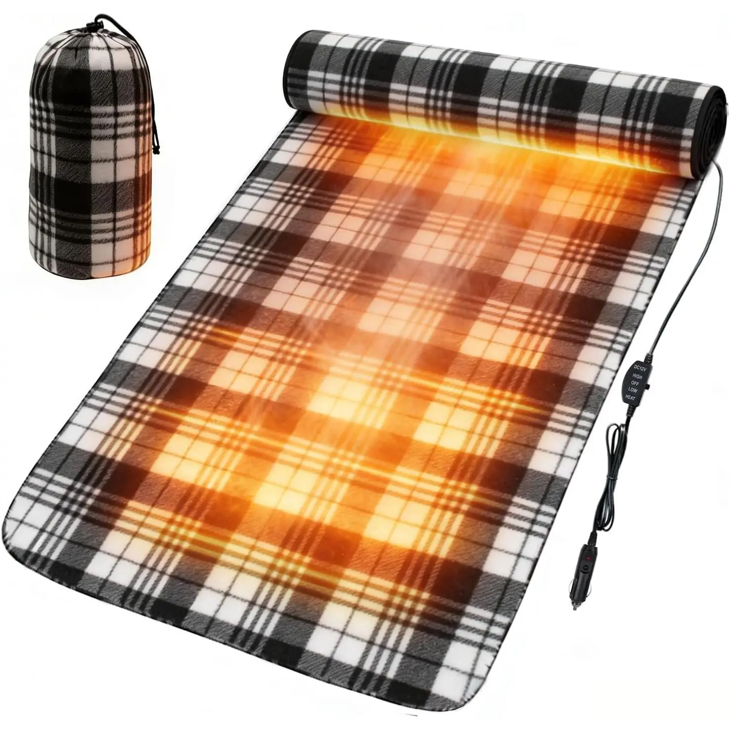 12V Car Electric Heatable Blanket, Black & White Plaid Fleece Compact Throw with 2 Settings, 12V Car Compatibility, Matching Drawstring Storage Bag for Outdoor Adventures, Lightweight Foldable Portable Travel Blanket