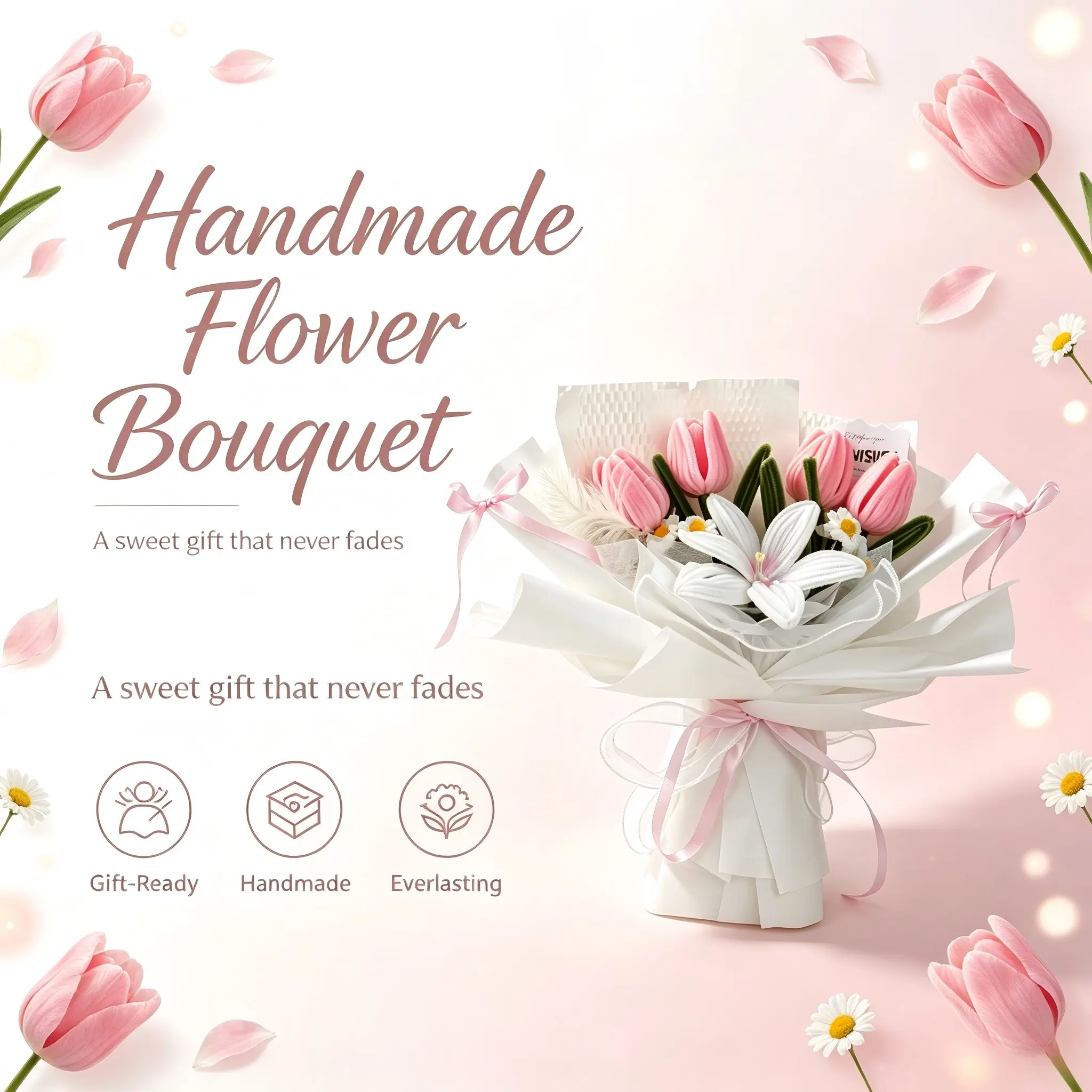 Forever Handmade Flower Bouquet Gift for Mom, Grandma, Sister, Best Friend, Teacher, Nurse, Birthday & Graduation
