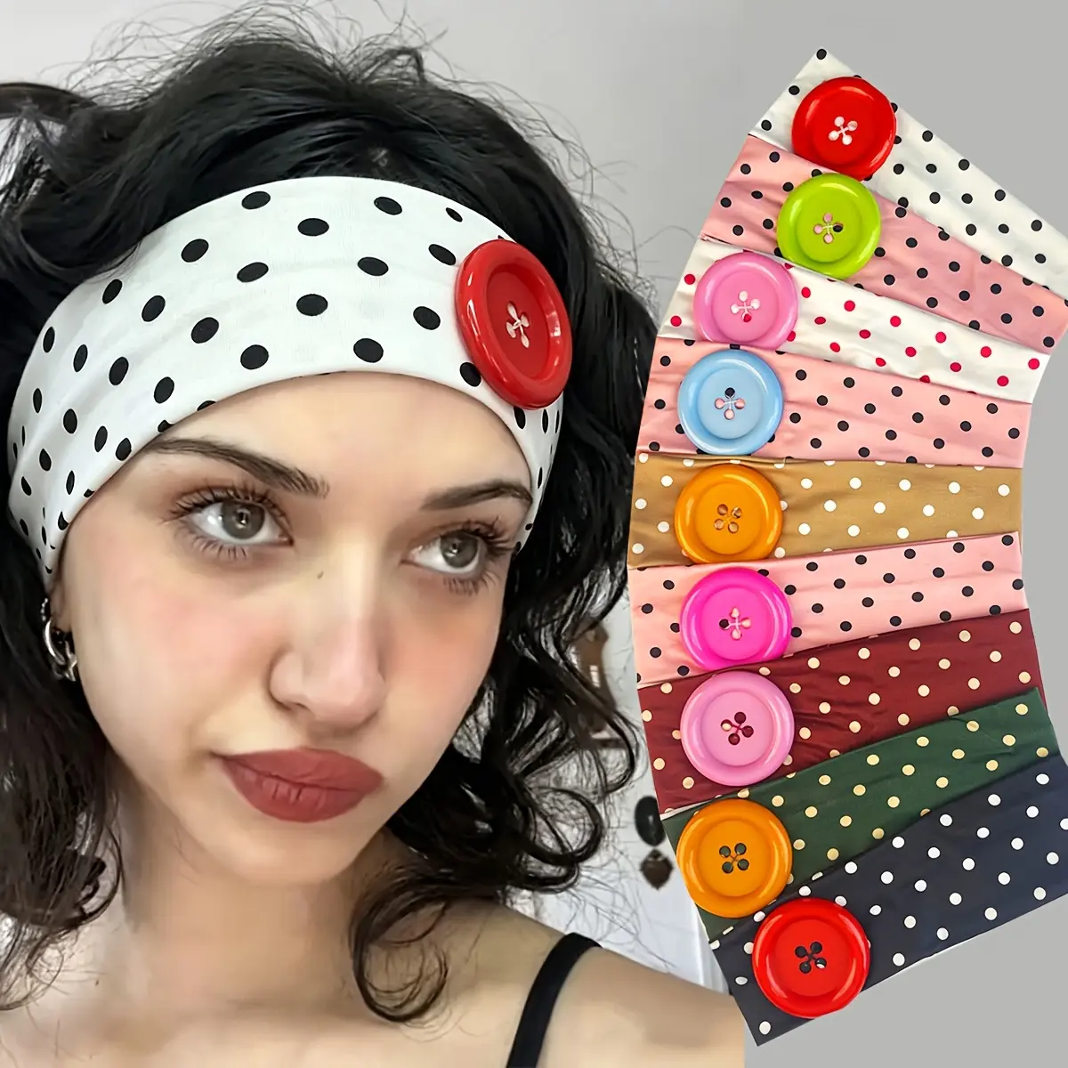 Retro contrasting polka dot Y2K elastic Fashion Headband layered with 3D candy buttons. Skin-friendly stretch fabric all-day comfy, silicone anti-slip lining stable for sports, aesthetic hair accessory matching hot girl outfits.