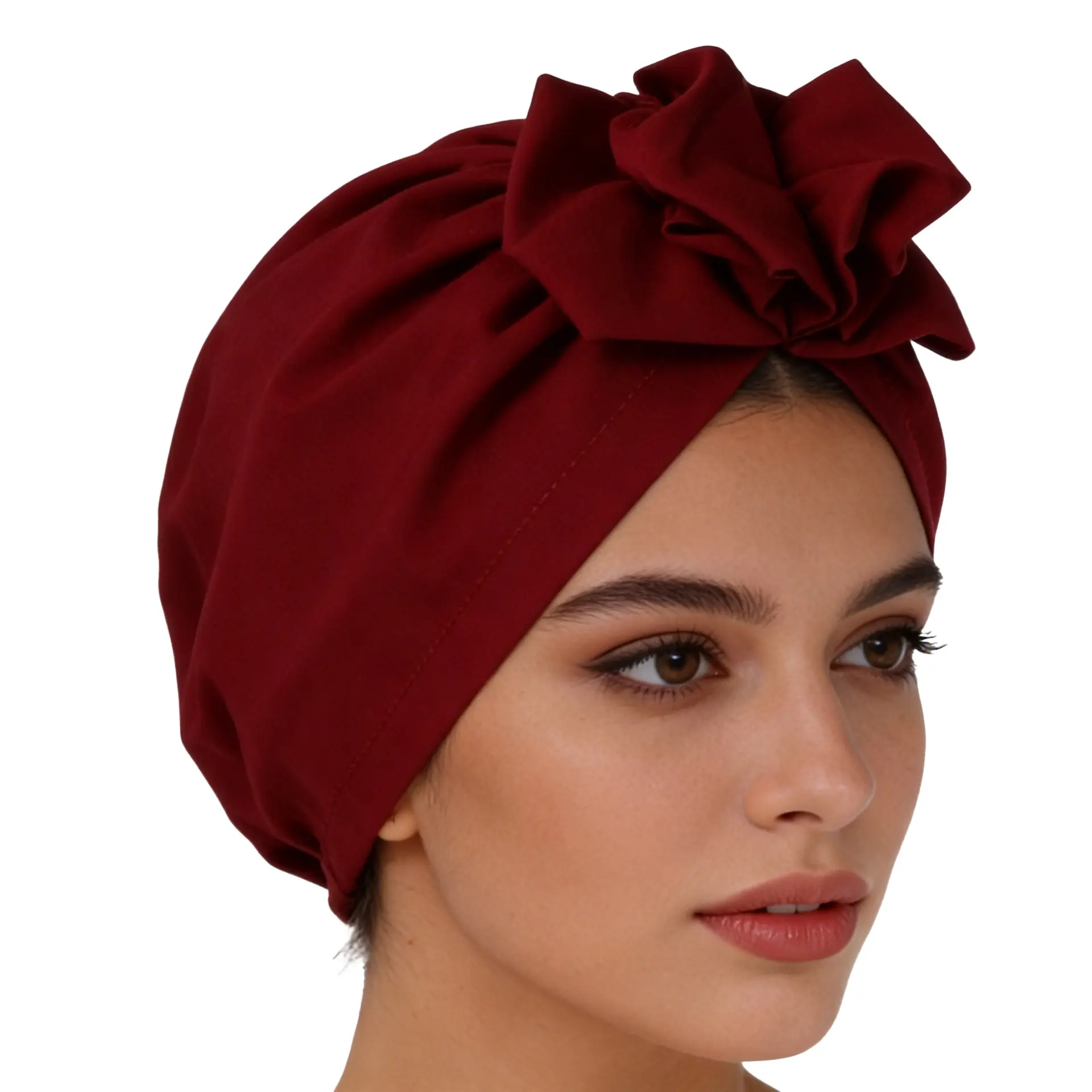 Effortless Solid Magenta Bow Knot Turban Bonnet Cap Soft Breathable Stretch Bad Hair Day Savior High Crown Headwrap Daily Fashion Cap