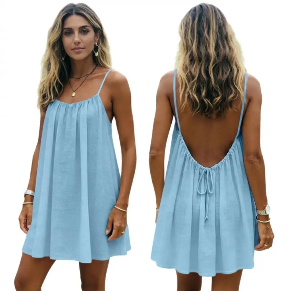 Women’s Backless Spaghetti Strap Mini Dress, Solid Color Sleeveless Cami Sundress, Casual Summer Beach Vacation Outfit