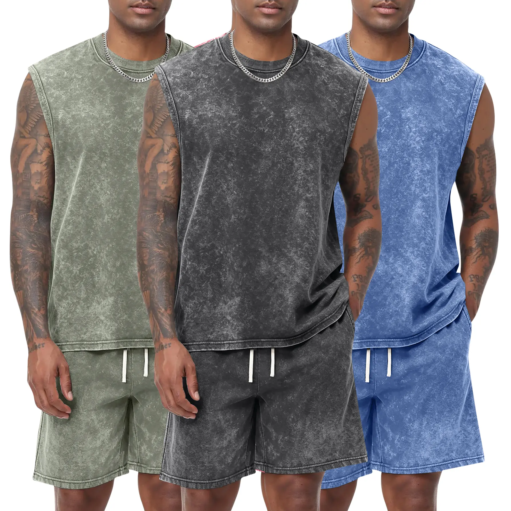 Men's Summer Lightweight 2-Piece Tank Top Shorts Set - Acid Washed Cotton Sleeveless Tee & Elastic Waist Drawstring Pants with Pockets | Casual Outdoor Fashion for Vacation, Fishing, Camping - Gift for Boyfriend Husband Clothes Menswear Stylish