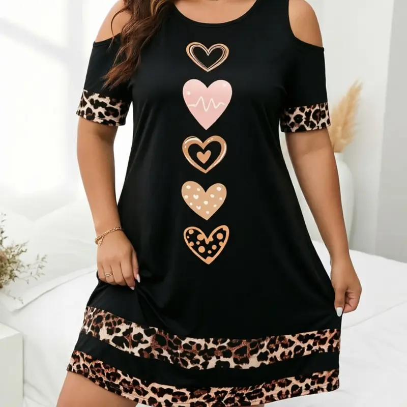 Plus Size Women's Leopard & Heart Pattern Round Neck Cold Shoulder Short Sleeve Loose Dress, Boho Style Dresses, Boho Sundresses, Womenswear, Fashion Casual Wear for Summer