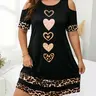 Plus Size Women's Leopard & Heart Pattern Round Neck Cold Shoulder Short Sleeve Loose Dress, Boho Style Dresses, Boho Sundresses, Womenswear, Fashion Casual Wear for Summer