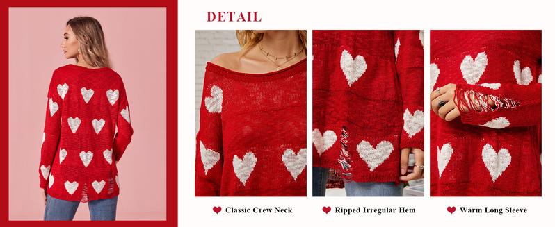 Saodimallsu Womens Cute Love Heart Print Sweaters Oversized Off The Shoulder Loose Knitted Valentine Pullover Blouse Top Casual Long Sleeve