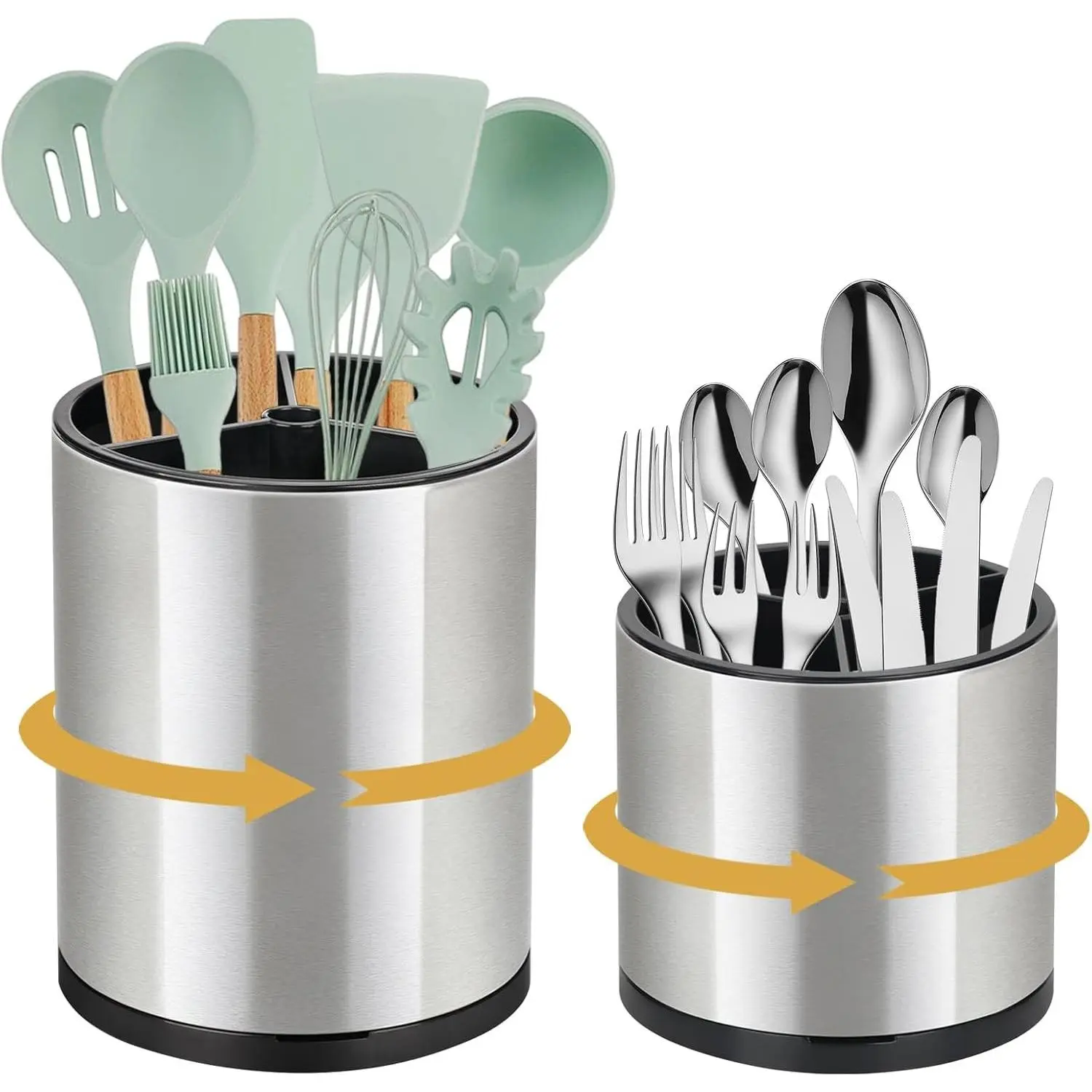 2Pack Stainless Steel Kitchen Utensil Holder Set - 360° Rotating Large Counter Stand, 3-Compartment Flatware Caddy with Removable Base for Knives, Forks & Spoons - Silver, Storage