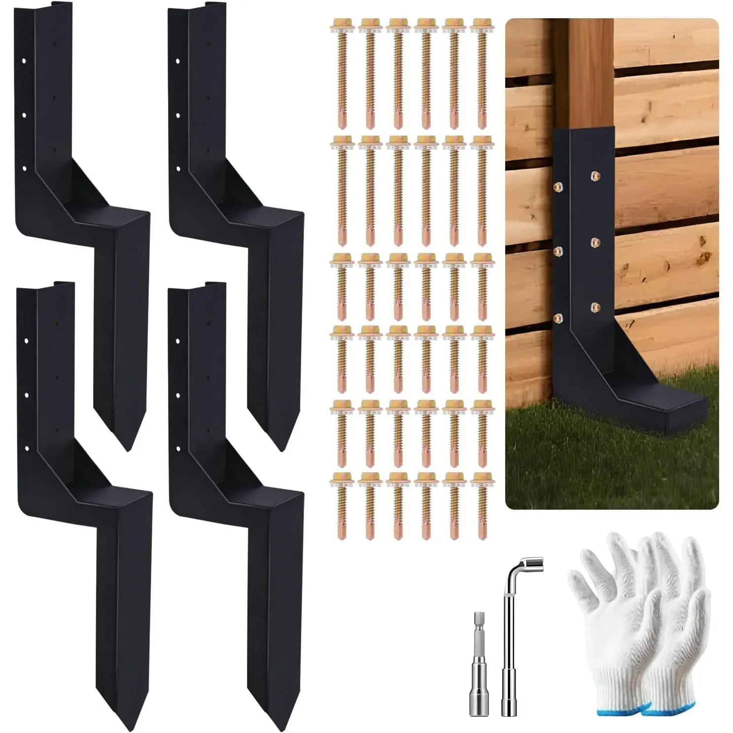 4-Pack 3.74" Width Fence  Repair Kit, 24in  Length Heavy Duty Ground Spike Anchor for Wooden  Repairing Tilted/Broken Posts