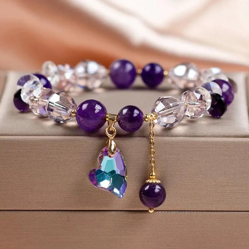 Purple Crystal Beaded Bracelets For Women Shiny Zircon Flower Water Drop Charm Fashion Party Hand Jewelry