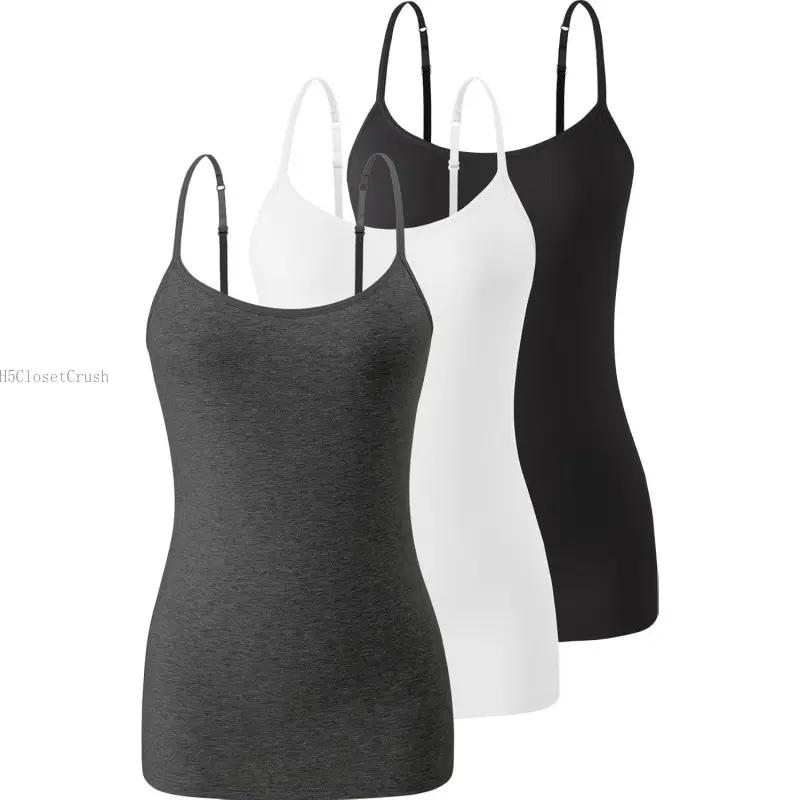 3 Pack Camisole Tops for Women Built in Bra Adjustable Strap Soft Cotton Undershirt Tanks Seamless Layering TopsH5ClosetCrush