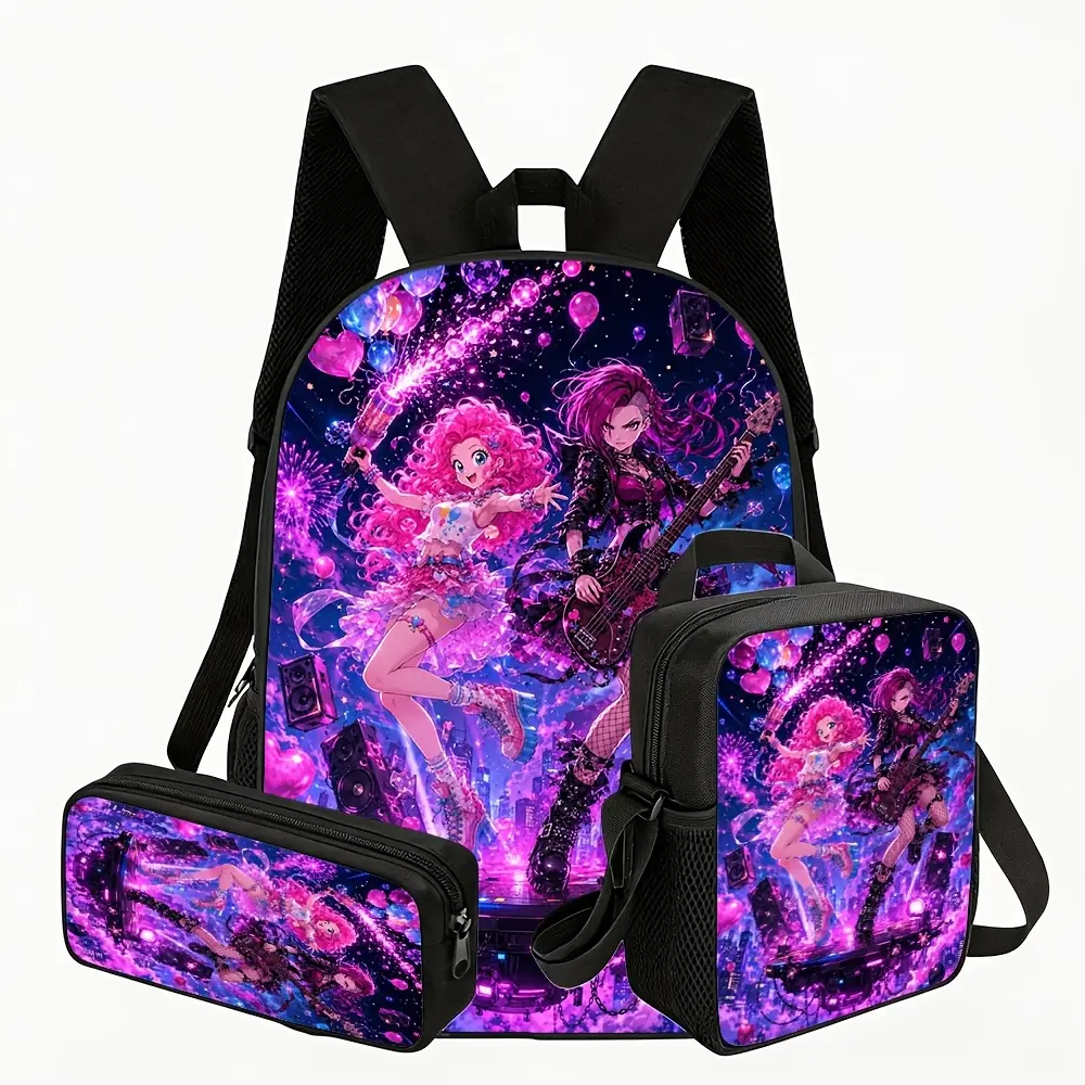 Student Laptop Backpack 3-Piece Set High-Capacity, Casual Daypack for Women, featuring Anime Music Concert Rock Pop Graphic Print, Comfortable Adjustable Straps & Zip Pockets, Durable Oxford Fabric