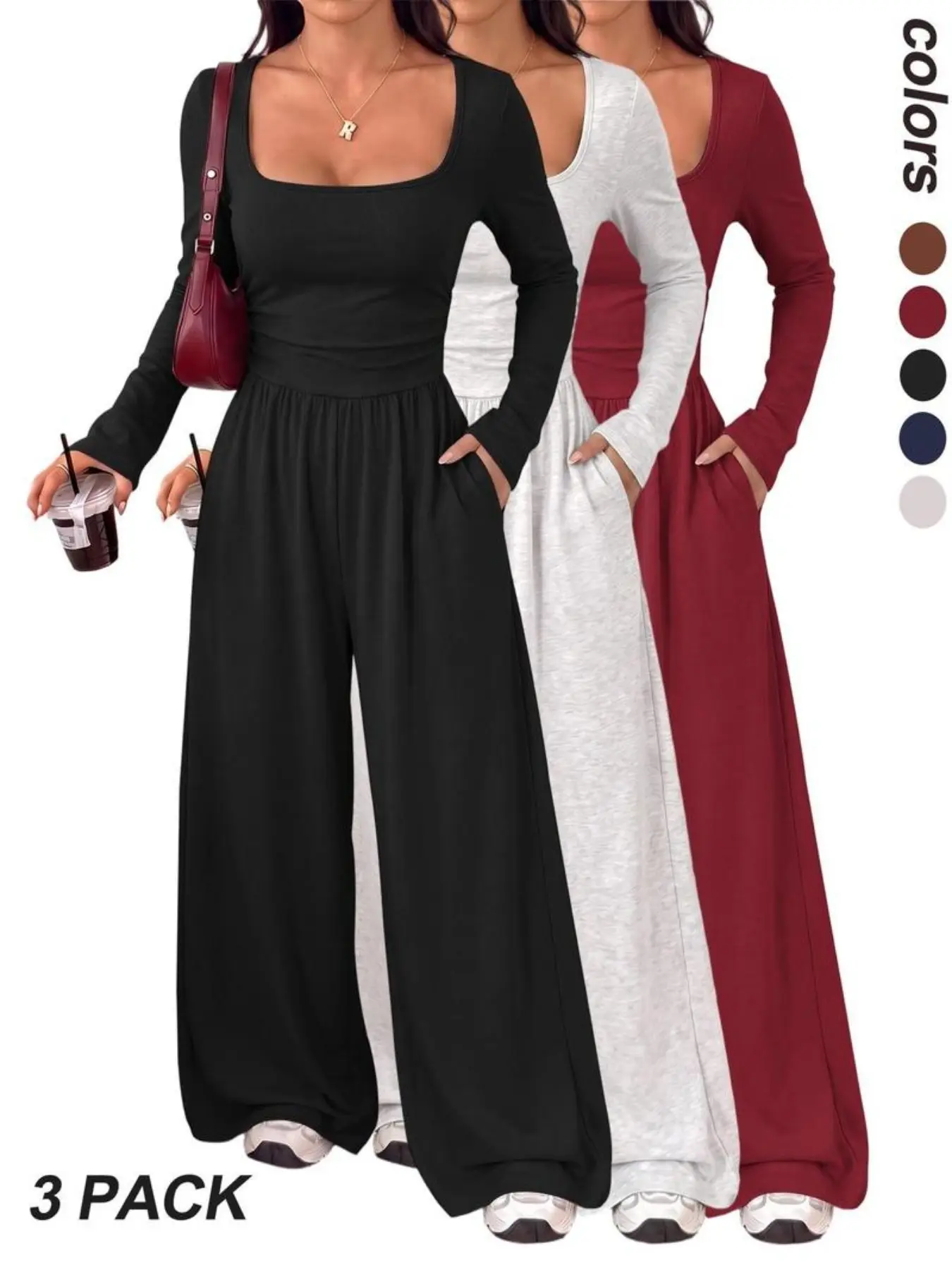 3 Pack Women's Jumpsuits, Square Neck Long Sleeve, Fitted Waist, Wide Leg Pants, Casual Chic Rompers with Pockets, Everyday Wear