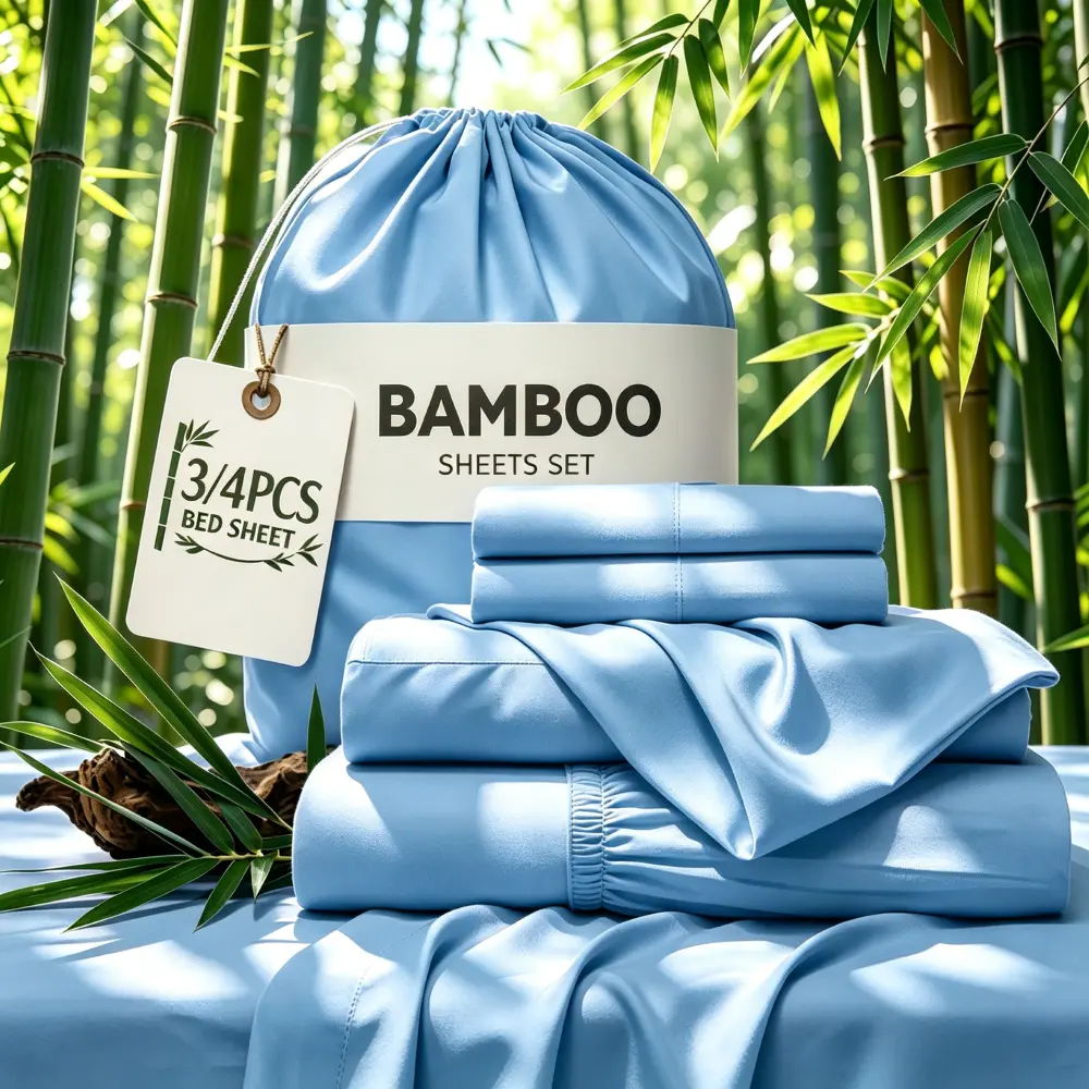 MUXHOMO 3/4 PCS Bamboo Bed Sheet Set, Breathable Cooling & Soft, 14 Inch Deep Mattress Pocket, Skin-Friendly Bedding, Ideal for Hot Sleepers, Wrinkle & Stain Resistant Long Lasting Linens, Includes Fitted Sheet, Flat Sheet & Pillowcases, All Season Use