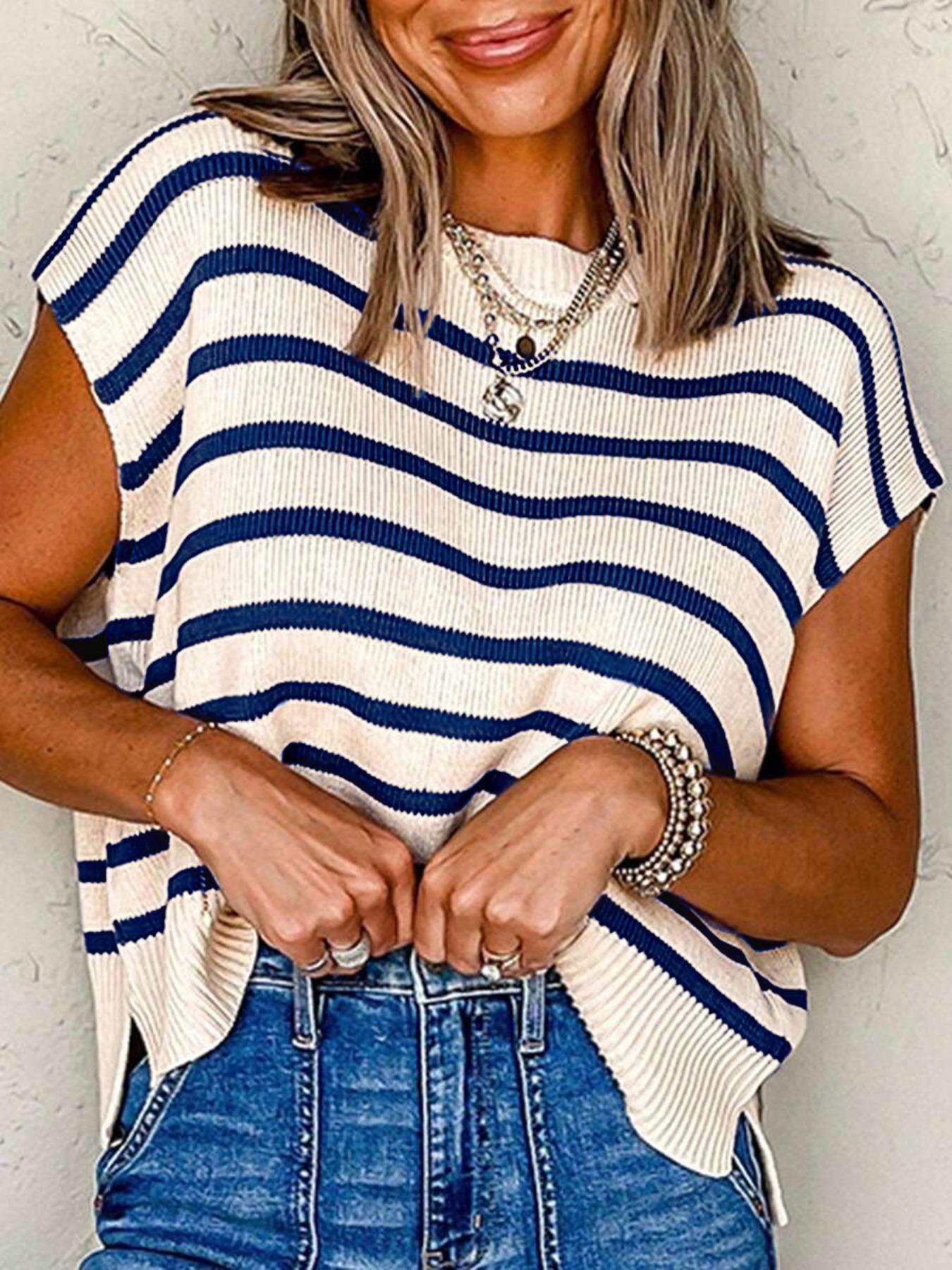 Women's Striped Print Crew Neck Sweater Pullover, Casual Jumper for Summer, Fashion Women's Knitwear for Daily Wear, Women Summer Tops, Oversized Knit Tops for Women