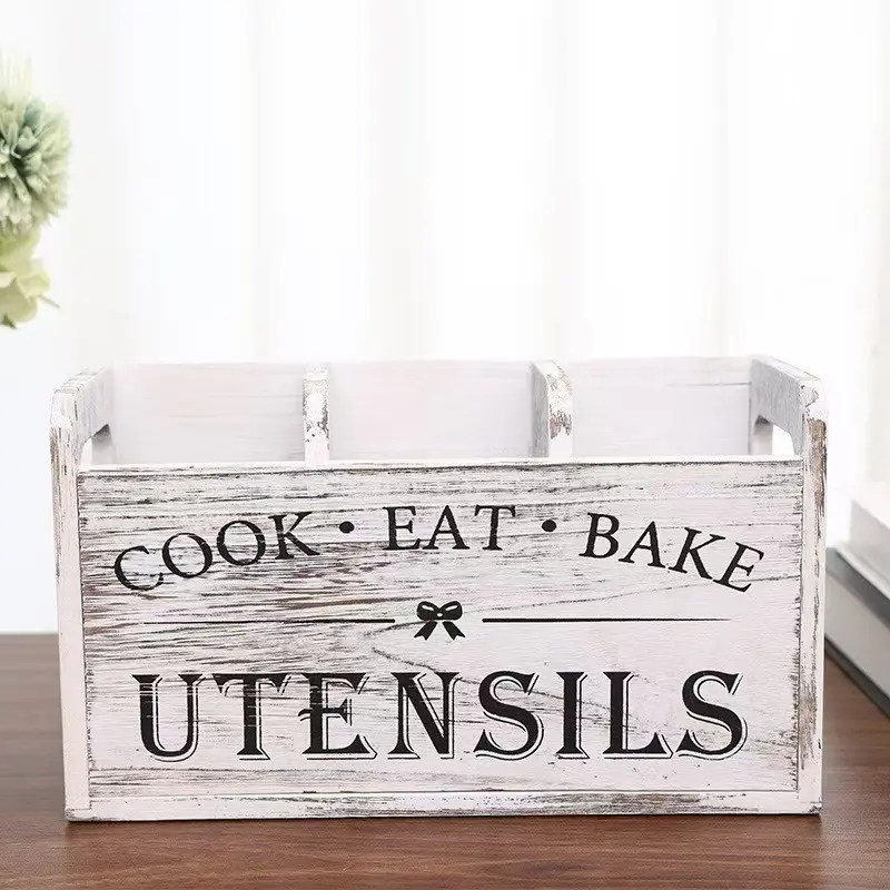 Vintage Wooden Kitchen Tool Organizer Box, Multifunctional Kitchen Accessory, Three Compartment Design, High Quality Wood, Countertop Wall Mount, Cooking Baking Utensil Rack, Durable Efficient Storage Box