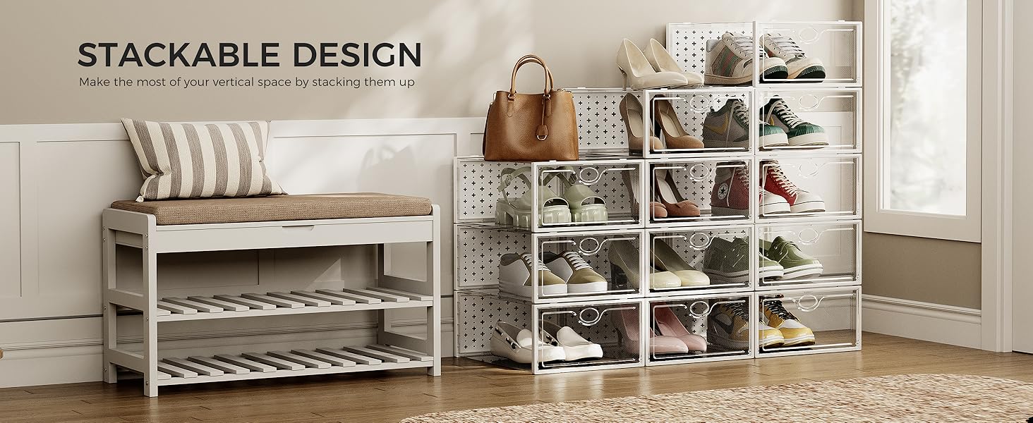 15-Pack Extra Large Shoe Storage Boxes Suitable for Size 12, Shoe Organizer for Wardrobe Transparent Plastic Stackable Shoe Display Boxes Storage Bins Suitable for Sneaker Enthusiasts Sneaker Storage Boxes White