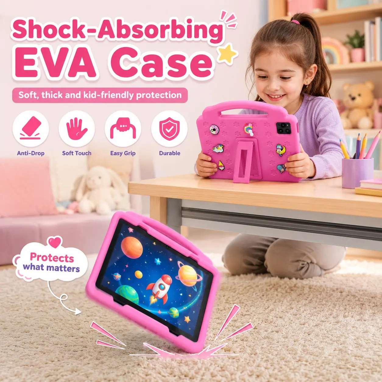 10.1 Inch Kids Tablet, 4GB RAM 64GB ROM, Android 12, Dual Camera, Kid-Proof Case with Handle, WiFi Learning Tablet for Toddlers