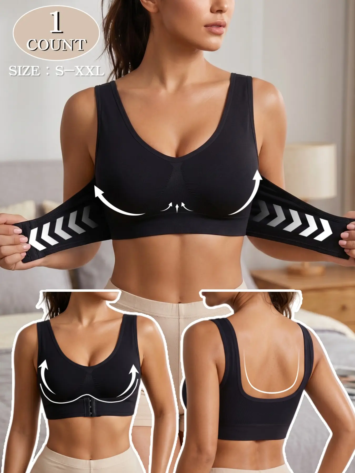 Women's Plus Size Wireless Bra, Shock Absorbing Push-Up, Large U Back, Front Buckle, All Season, S-Xxl, Comfortable, Casual, Yoga