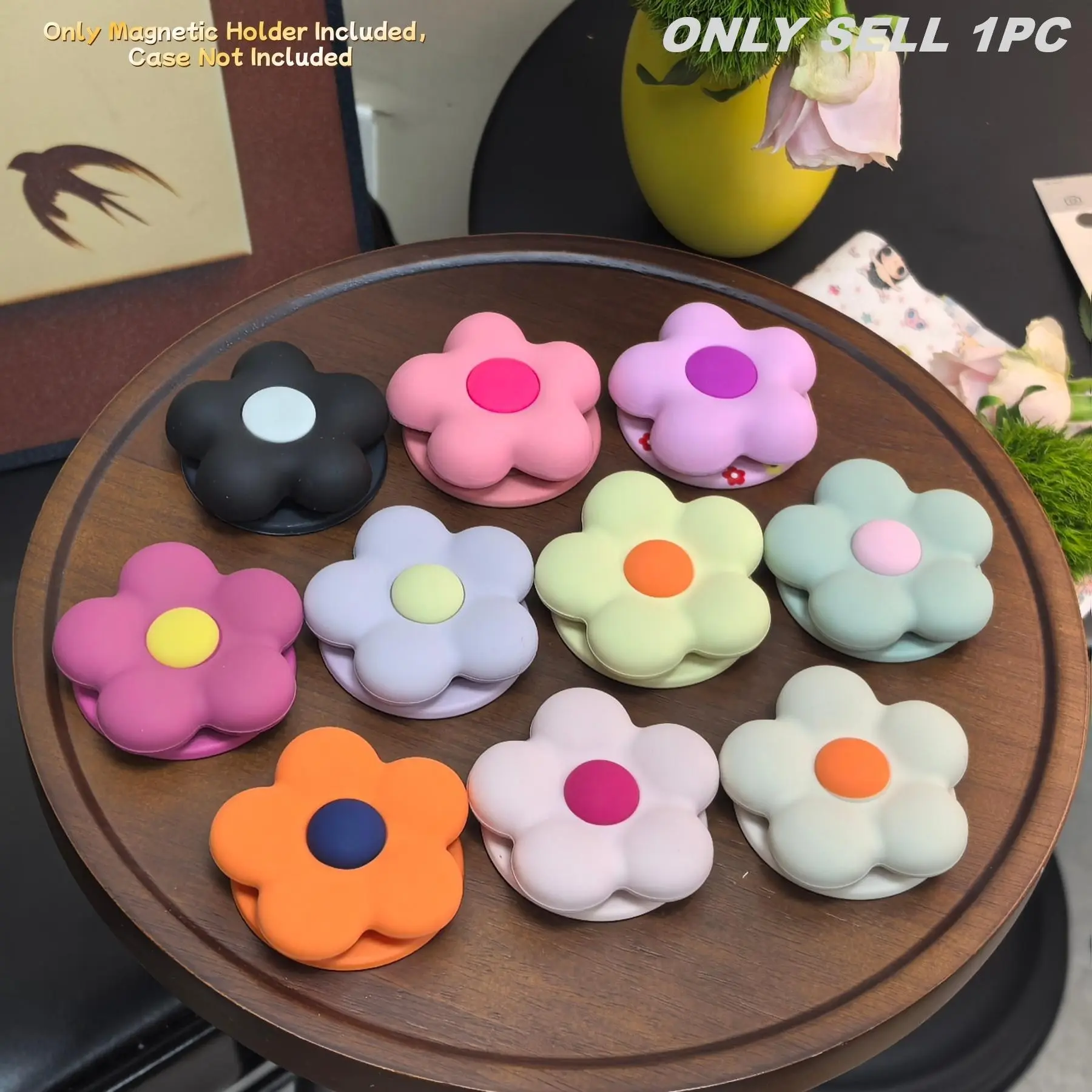 Silicone Sunflower Rotatable Magnetic Phone Stand, Cute Cartoon Push-Pull Air Cushion Holder, Strong Adhesion, Universal Model, Multifunctional Phone Stand