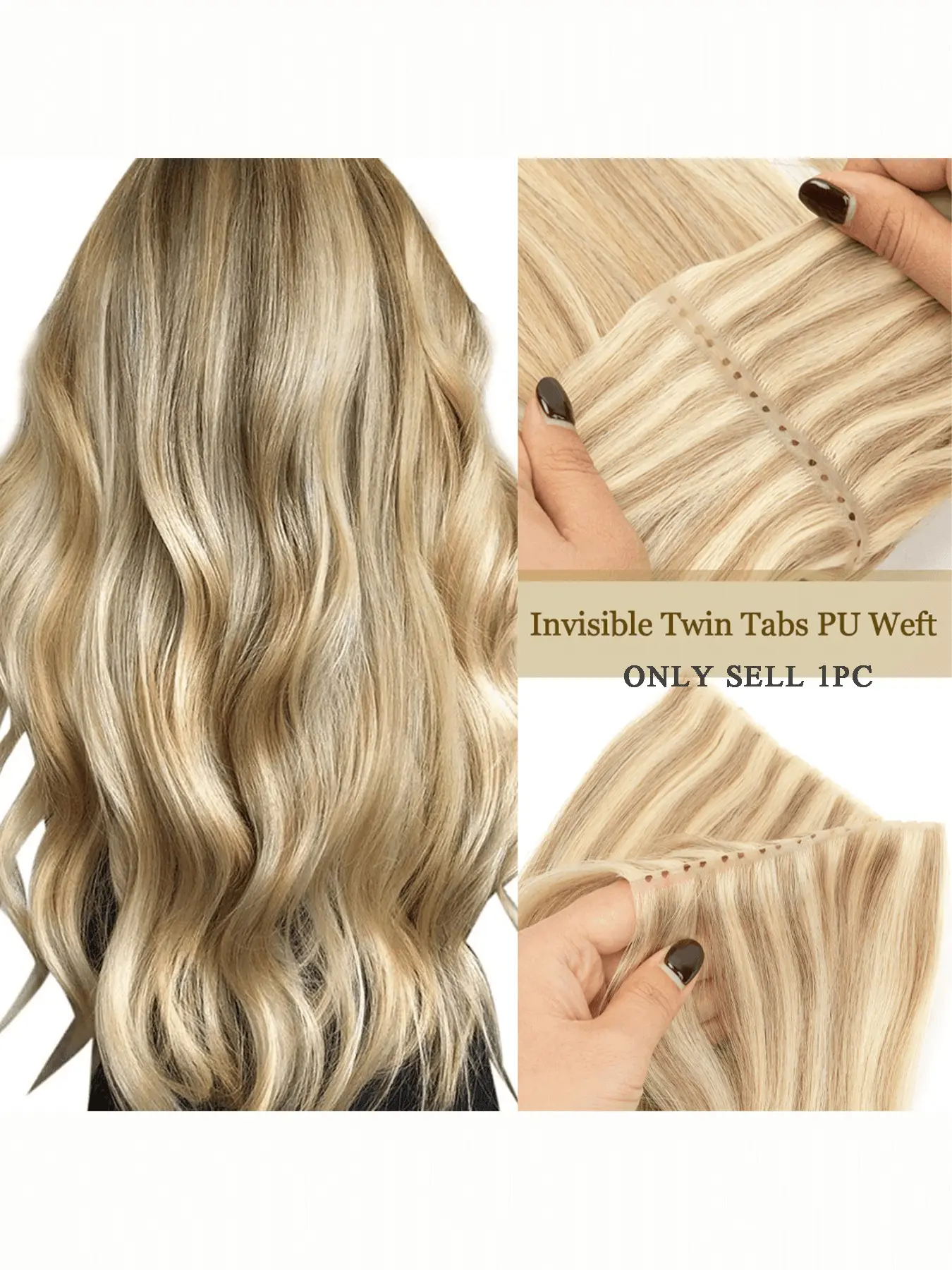 Honey Gold Single Piece Invisible Weave Hair Extension, Real Human Hair Double-Sided Braiding Clip, Women's 16/20 Inches
