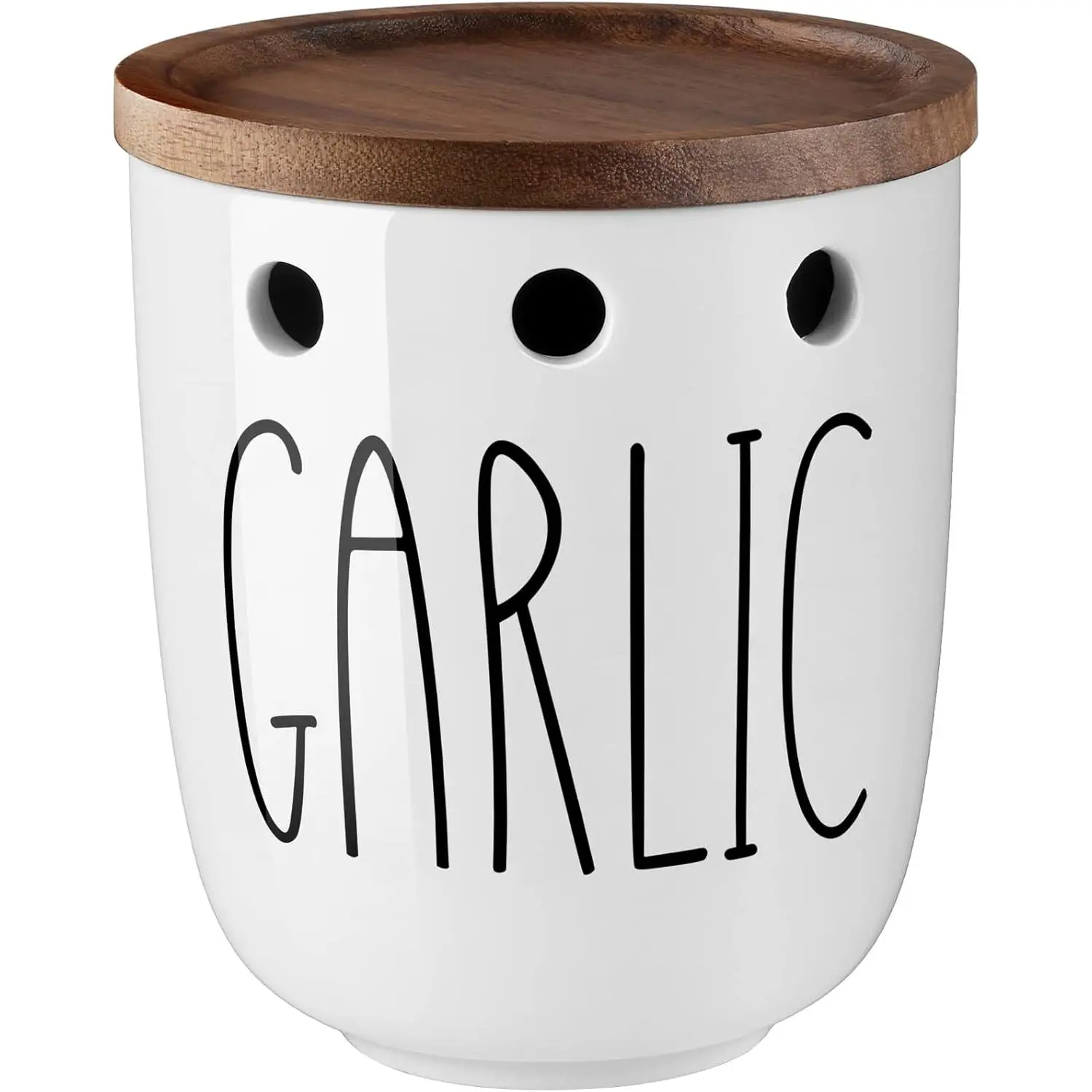 Garlic Keeper for Counter, Ceramic Garlic Keeper with Acacia  Lid, Garlic Holder Storage Container to Keep Your Garlic Cloves  , Garlic Saver for Kitchen, White