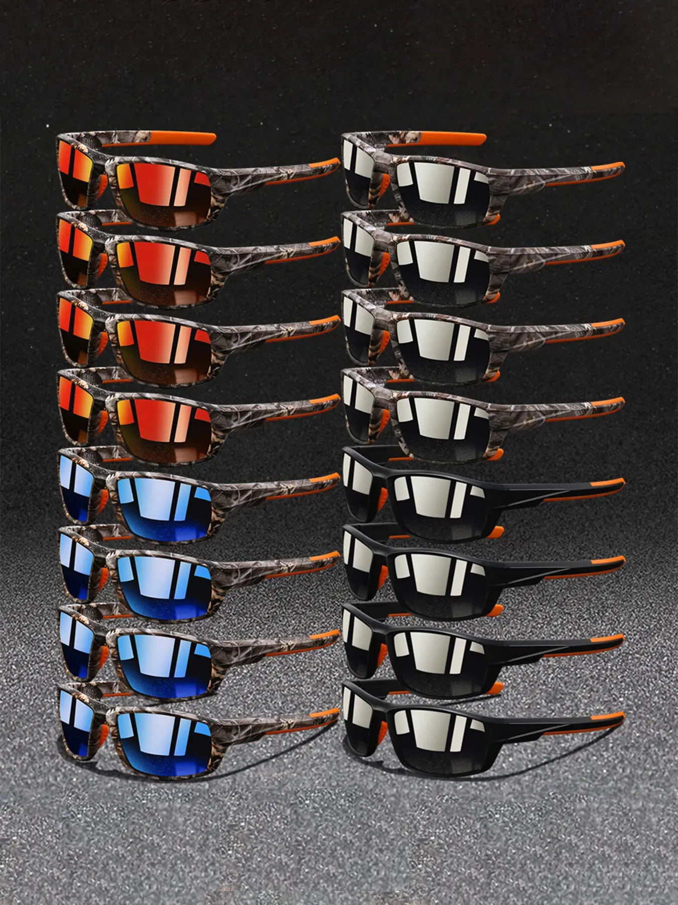 16 pairs of fashionable retro camouflage sports sunglasses, equipped with protective lenses for healthy eye protection and anti slip rubber nose pads to improve wearing comfort, suitable for outdoor activities such as driving, vacation, and travel