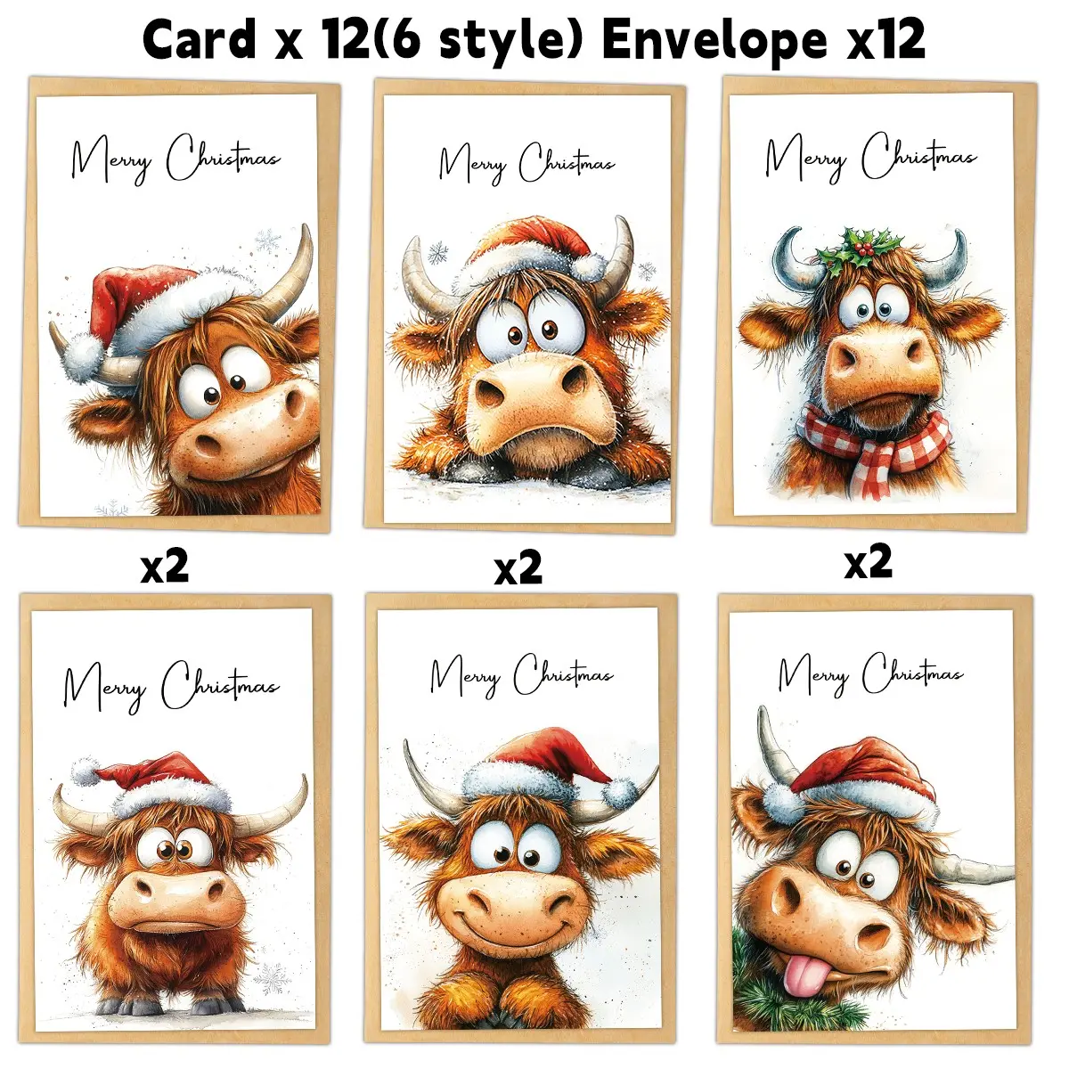 12pcs Funny Christmas Cow Greeting Cards and Envelopes Set - Festive Highland Cow Theme, Merry Christmas Cards for Friends and Family, Thank You Message Cards - for New Year and Christmas Party Decor