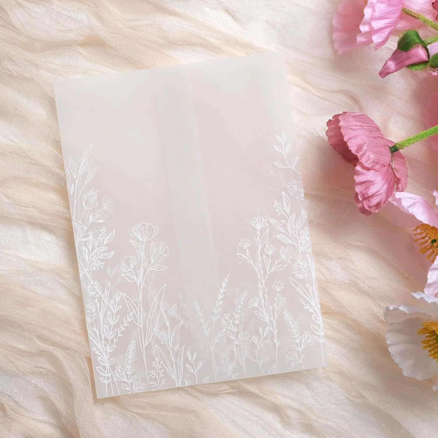 100-Pack Pre-Folded Vellum Jackets for 5x7 Invitations - 130GSM Translucent Wrap Vellum Paper, Wildflower Pattern for Wedding Events, Birthday Occasions