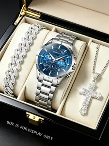 Timeartx Men's Quartz Watch, Fashion Starry Night Glow Moon Phase Business Watch, Analog Round Face, Alloy Case, 47mm, All Seasons Gift