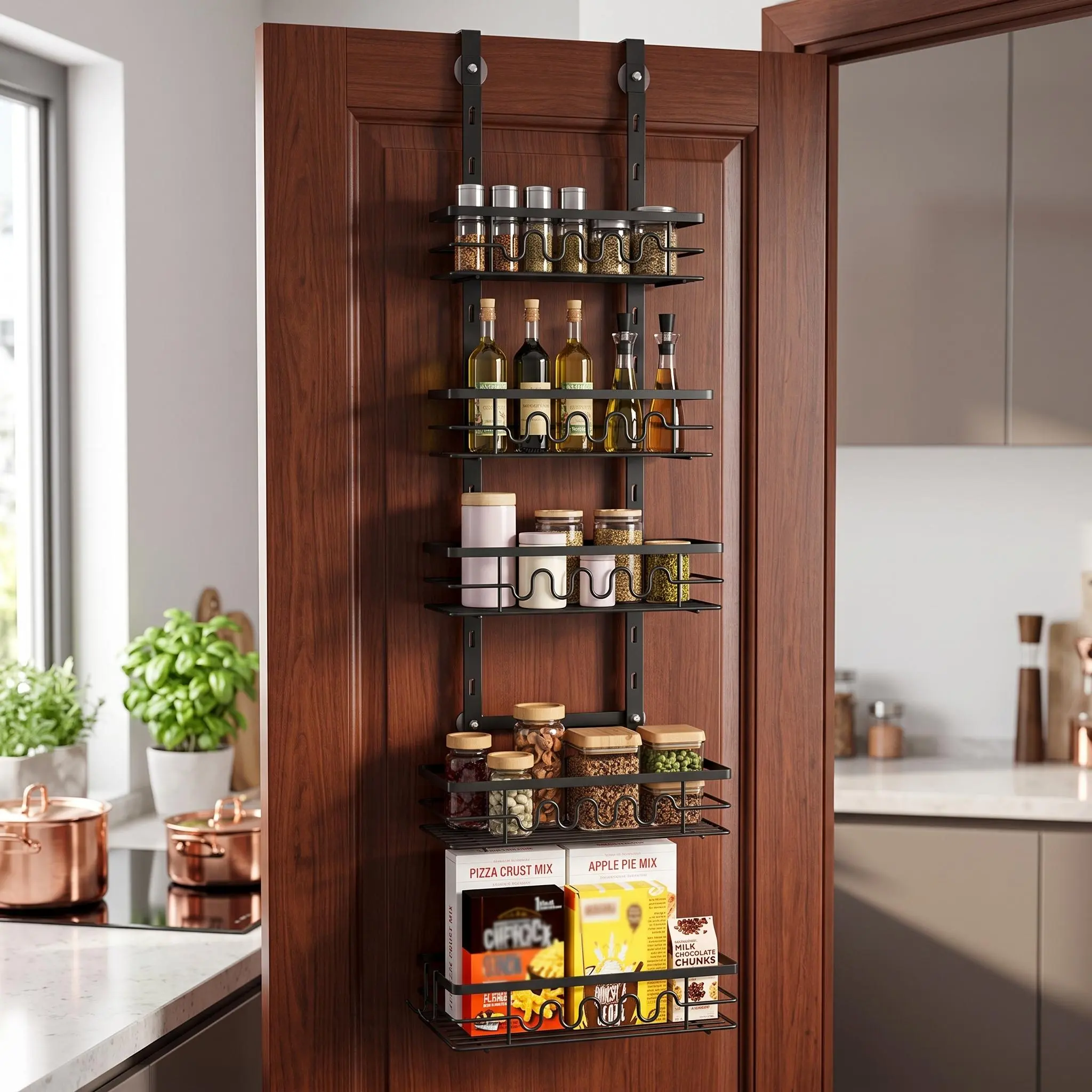 Heavy-Duty Over Door Storage Organizer Rack, 4 Tier Sturdy Metal Hanging Shelf, No Drill Space Saving Wall Mount Storage for Bathroom Kitchen Pantry, Perfect for Spices Cans Cosmetics Small Accessories