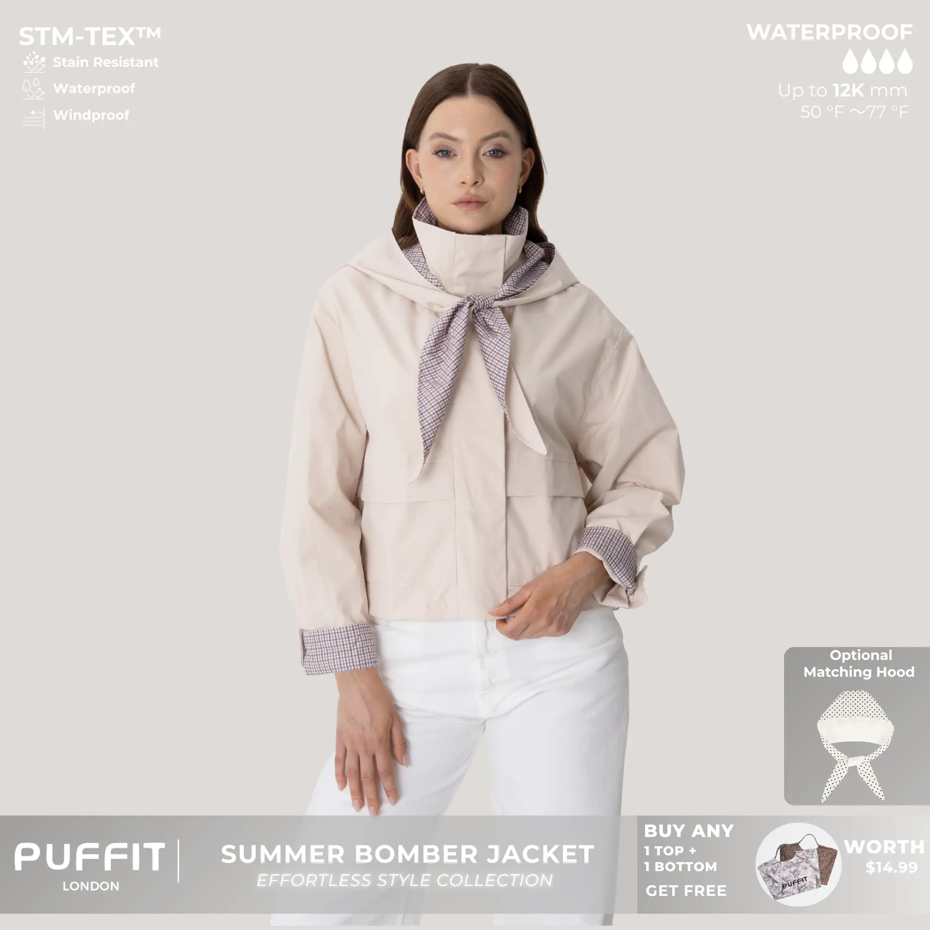 PUFFIT Effortless Style Funnel Neck Bomber Jacket With Adjustable Hem,High Neck Zip-Up Casual Outerwear,Stain Resistant,Windproof,Women's Rain Jacket,Breathable Stylish,Inner Pocket Design,Outdoor Sport,Spring Jacket,Womenswear,Windbreaker