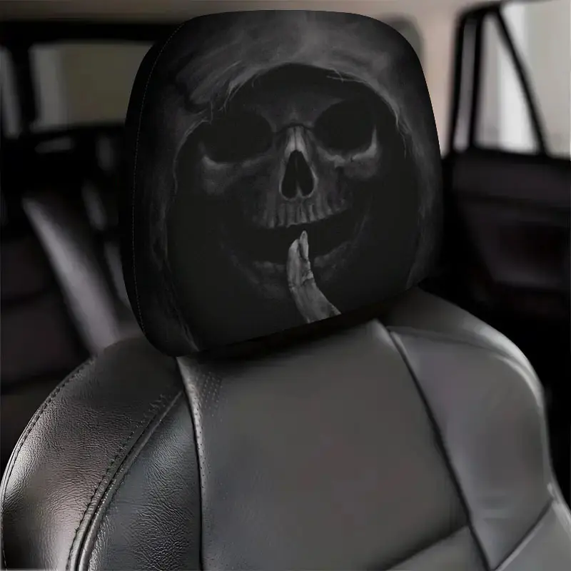 2-PCS Dark Gothic-style Grim Reaper skull print car headrest cover; Gothic black hooded design car accessory; breathable fabric car decor featuring a Grim Reaper motif; universally fits most car seats.