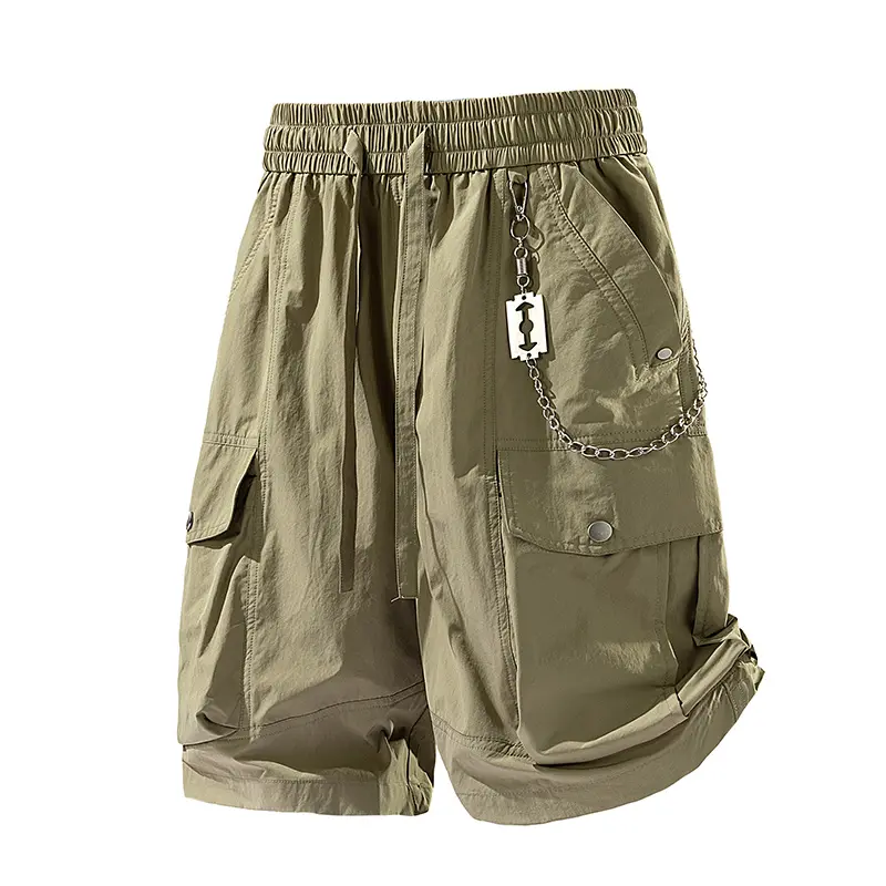 Men's Army Green Baggy H-Type Cargo Shorts - Elastic Double-Layer Waist, Braided Drawstring, Metal Chain Detail, Snap Buttons, Multi-Flap Patch Pockets, Lightweight Above-the-Knee Wide Leg Casual Streetwear Bottoms, Foldable #SummerWins
