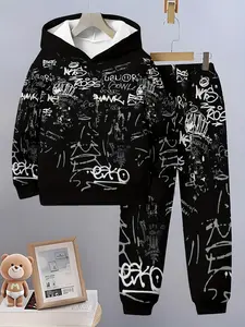 Children Street Graffiti Set Bottom Letter Trend Hoodie + Drawstring Pants Ekko Full Print Hip-Hop Two-Piece Suit