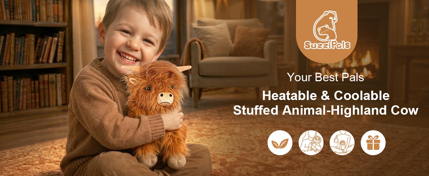 AGS Heatable Coolable Weighted Highland Cow Stuffed Animals Plushie, Microwavable Heating Pad for Period Cramps & Pain, Lavender Scented Cow Plush Toys for Stress, Highland Cow Gifts for Women