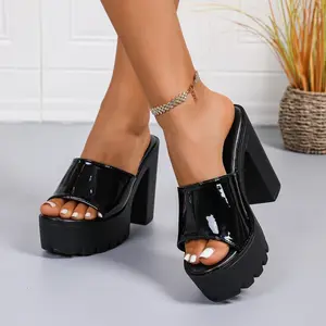 Women Chunky Platform Block Heel Mules High Heel Sandals Black Patent Leather Summer Trendy Comfortable Slip On Shoes Y2K Alt Fashion Streetwear Platform Sandals For Women Casual Office Party Vacation