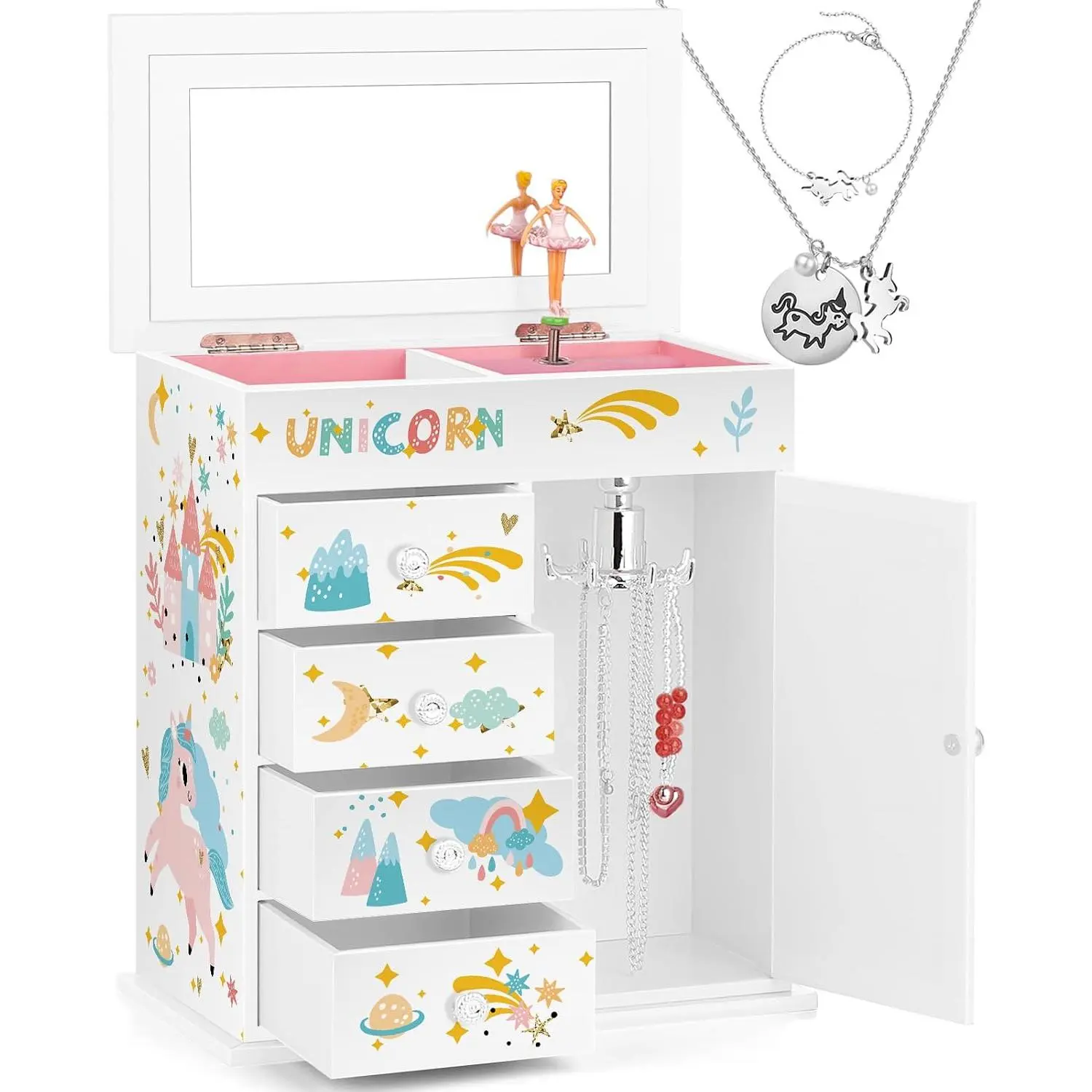 Box for Girls 5-Layer with Swing Door Spinning Ballerina Unicorn &Castle Design Unicorn  Set Included   Box for Little Girls Birthday Christmas  (White)