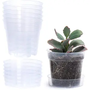 4 Inch Clear Plastic Plant Pot with Drainage Holes, Interlocking & Detachable Tray - Deep Saucer - Durable BPA-Free Plastic, Transparent Design, Raised Base for Airflow, Set of 6, 92-X-A-2
