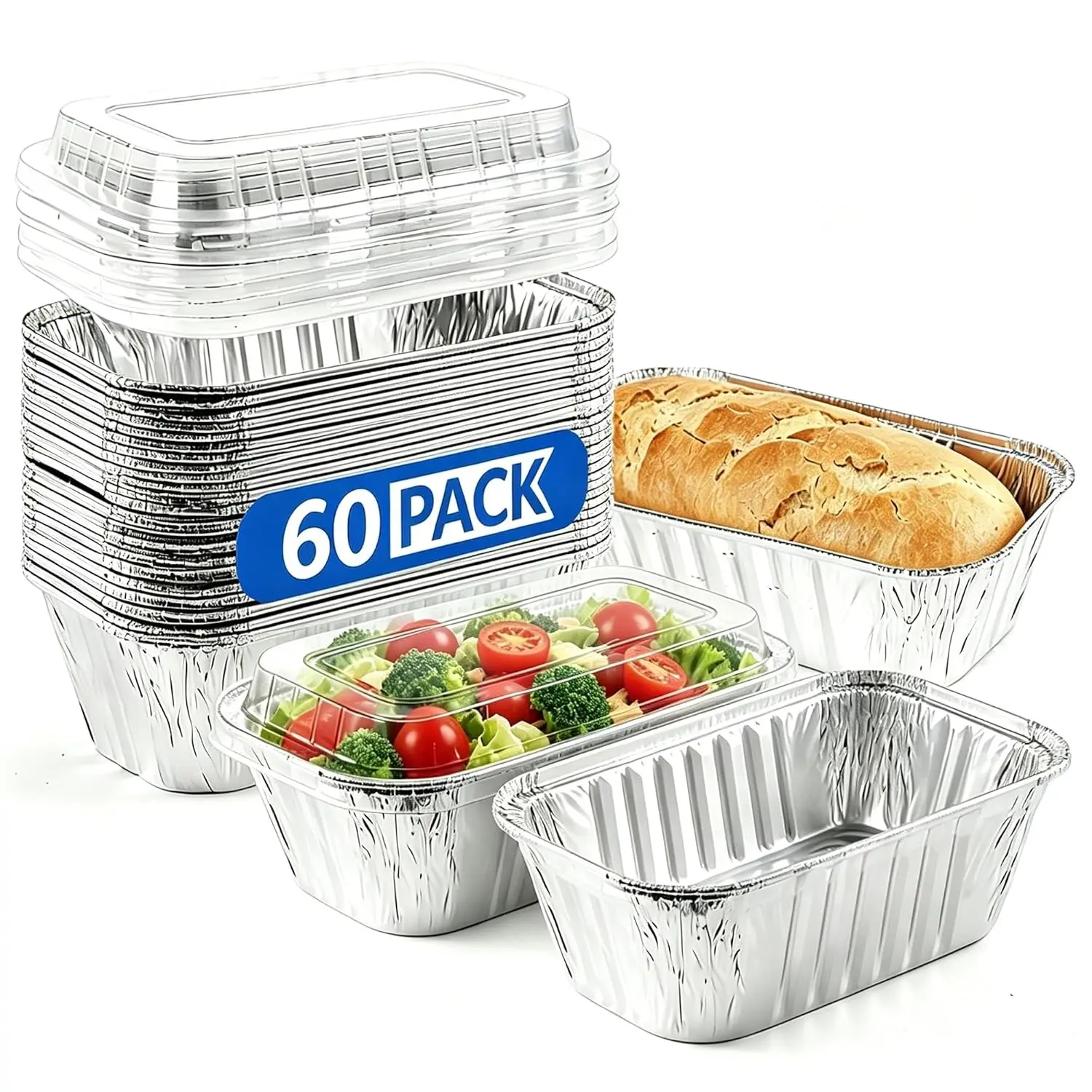 60 Pack Disposable Mini Aluminum Loaf Pans with Clear Lids, 6"x3.5"x2" 1 Lb Foil Food Containers, Small Tin Foil Baking Pans for Cakes, Bread, Meat