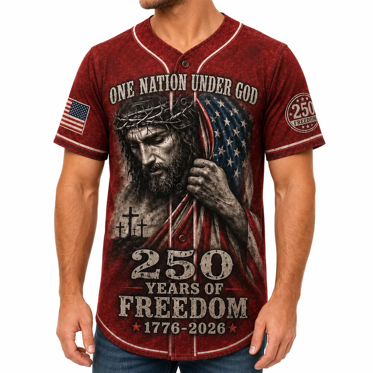 Christian Faith USA 250 Years of Freedom Baseball Jersey for Men Women, Red Patriotic Button Up Shirt with Jesus Inspired Cross Flag Graphic Print, Psalm 33:12, Lightweight Polyester 4th of July Holiday Streetwear Top，clothes, outfits, men's wear