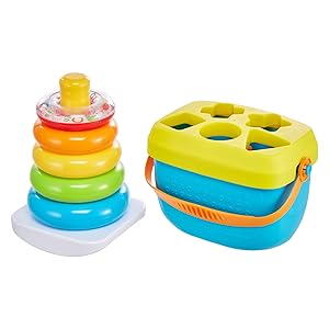 Fisher-Price Baby’s First Blocks & Rock-a-Stack Toy Set, Bucket of 10 Shapes & Ring Stacking Activity for Developmental Play Ages 6+ Months (Exclusive)