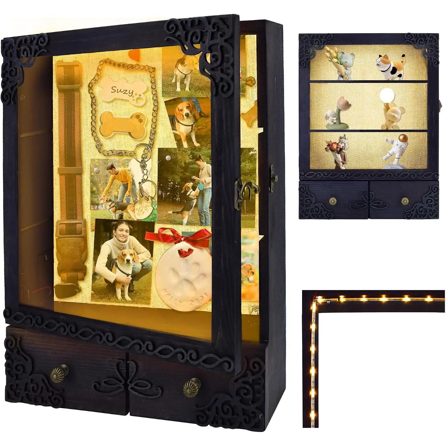 11x16 Shadow Box Frame with Light, Memorial Display Case with Shelves, Drawer and Slot for Keepsakes, Deep Memorial Shadow Box for  Memorial,  Keepsakes Graduation and , Black