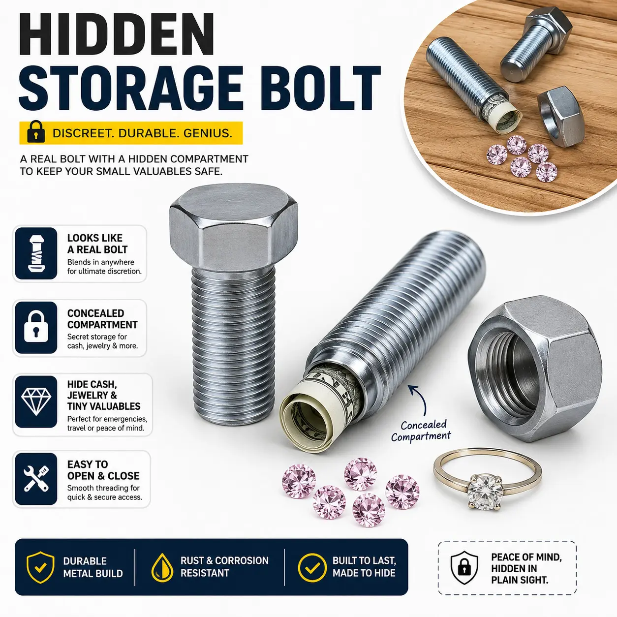 Flashtik Hidden Storage Bolt Secret Compartment, Realistic Metal Screw Safe, 5.5cm Discreet Stash Container for Cash, Jewelry, Small Valuables