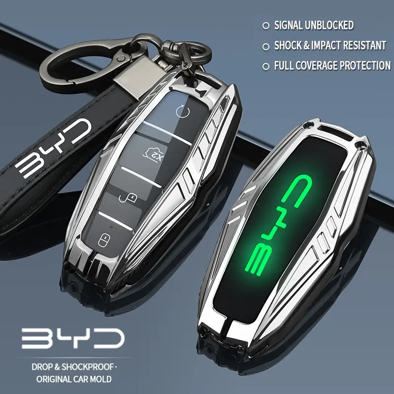 Key case suitable for BYD Atto 3, Han EV, Dolphin, Song PRO, Tang DM, Yuan, Dolphin E2, Qin PLUS 4-button remote control. Men's mech-style alloy material protective case, scratch-resistant,drop-proof,wear-resistant,universal,premium high-end car key shell