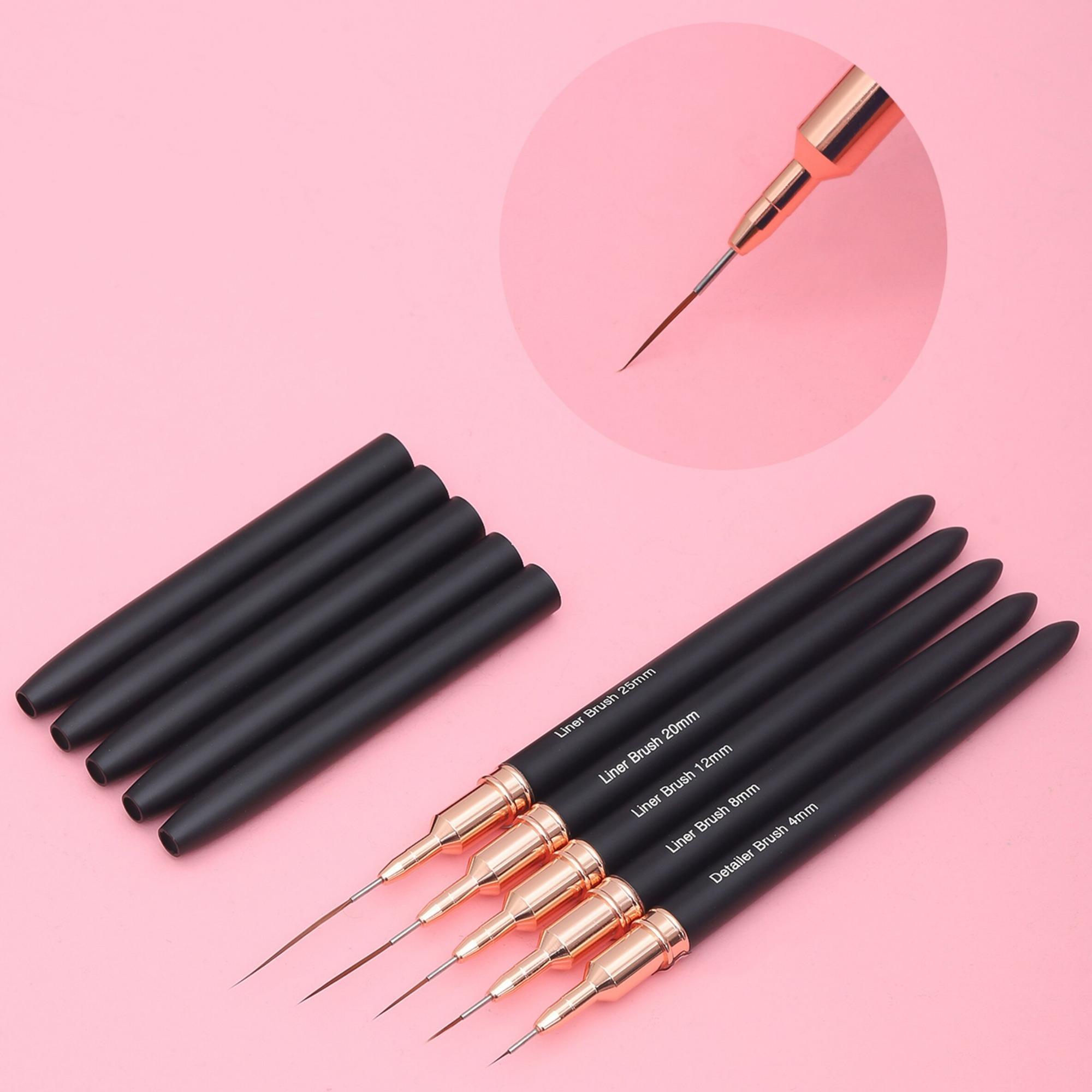 5pcs/set Black Fine Nail Art Brush Set, Including 4/8/12/20/25mm Nail Art Brushes, Professional Manicure Brush Nail Art Design Tools for Women & Girls,  Nail Supplies