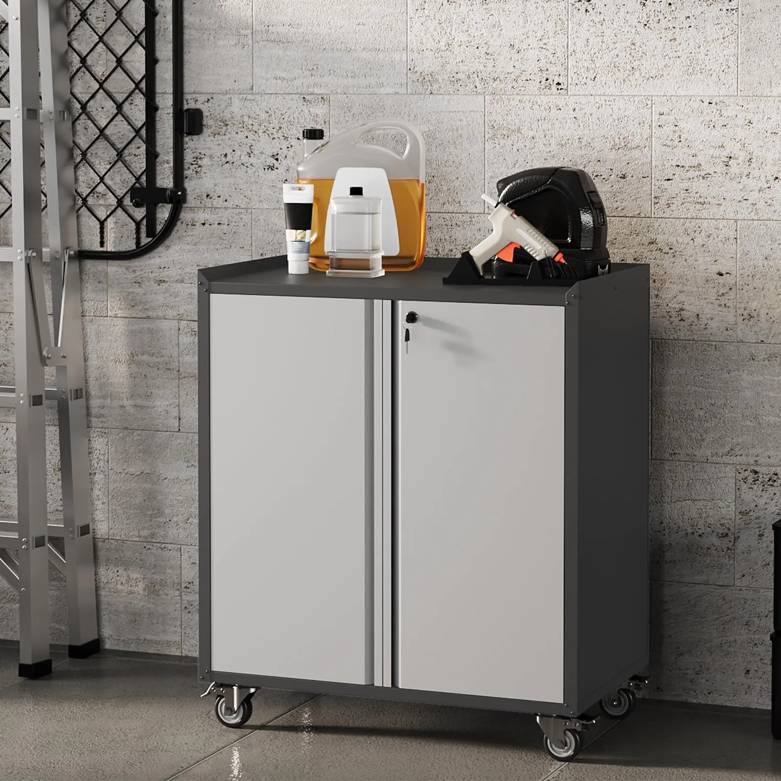 GARVEE Locking Metal Cabinet with Door,  35.43" High Rolling Garage Storage Cabinet with Shelves, Tool Cabinets for Garage, Home, Office