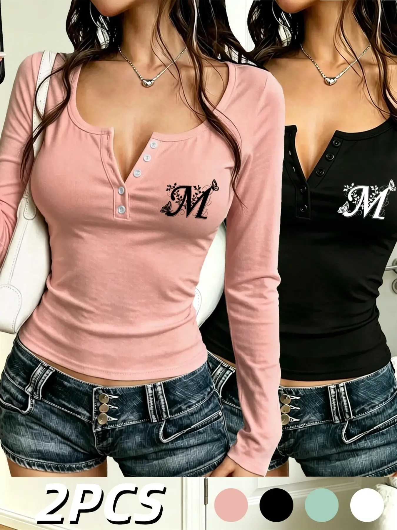 Women's Henry Neck Long Sleeve Top, Spring & Fall New Arrival, Graphic Print, Fitted, Elastic, Compression Wear, Slim Fit, Casual Style, Tops Tee