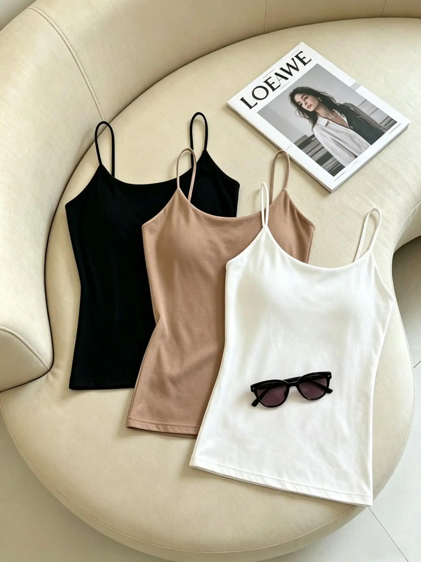 3 Piece Set Women's Basic Solid Color Thin Strap Tank Tops, Elastic Slim Fit Underwear, Casual Everyday Wear, European Style Three-Piece Set