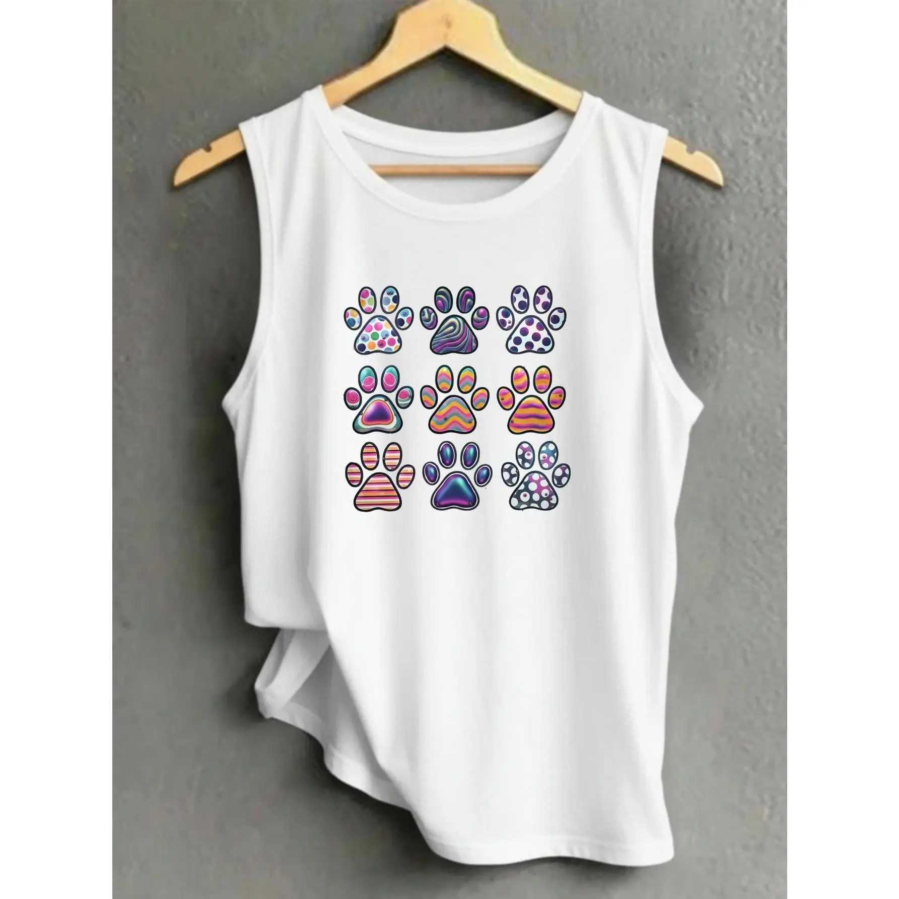 Sleeveless Tank Top, Letter Anime Print, Spring and Summer Women's Casual Loose Breathable Vest Top, Beautiful Back Outdoor Convenience, Fashionable Round Summer S Shirt for Women, 2D Print Paw Print Polka Dots Womenswear Basic