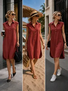 2026 Summer New Arrival Style V-Neck Button Sleeveless Slit Linen Cotton Dress, Elegant and Comfortable Design